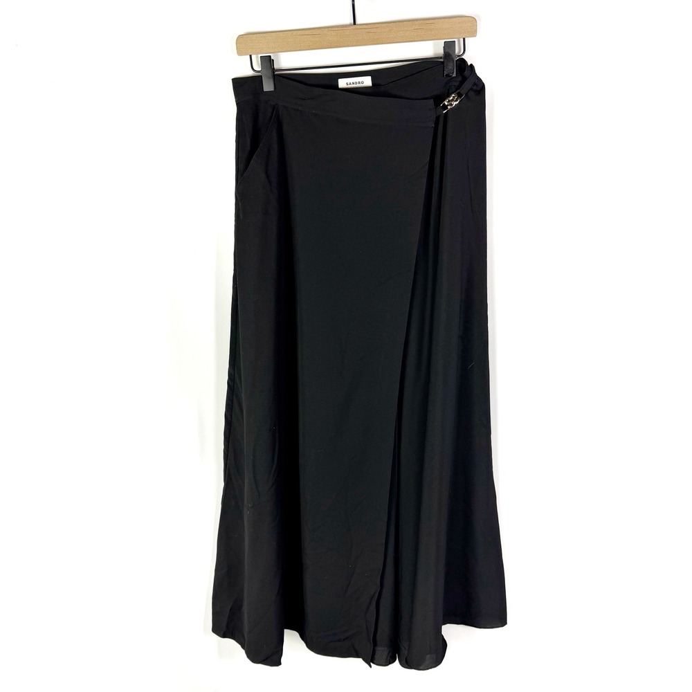 SANDRO Souvenir Skirt Black Wrap Maxi Gold Logo Detail Size 40 FR / 8 US - Picture 6 of 14